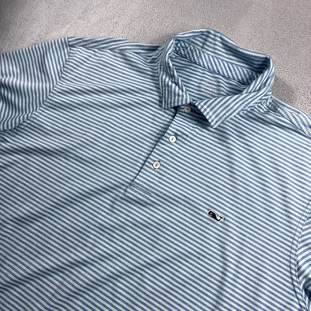 Vineyard Vines Performance Polo Shirt Mens 2XLT Blue White Striped Golf Whale